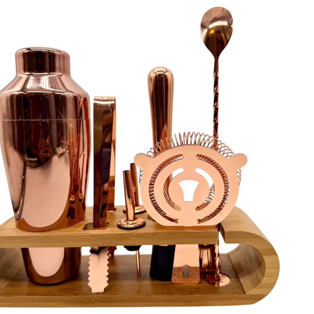 Mixology & Craft Bar‎ Set 10-Piece Rose Gold Cocktail Shaker Kit Bamboo Stand - Picture 6 of 10